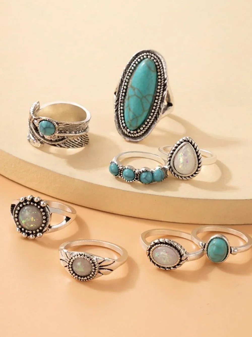 Turquoise Ring Set for Women Western Jewelry Silver Statement Vintage Rings Stac - Picture 7 of 7